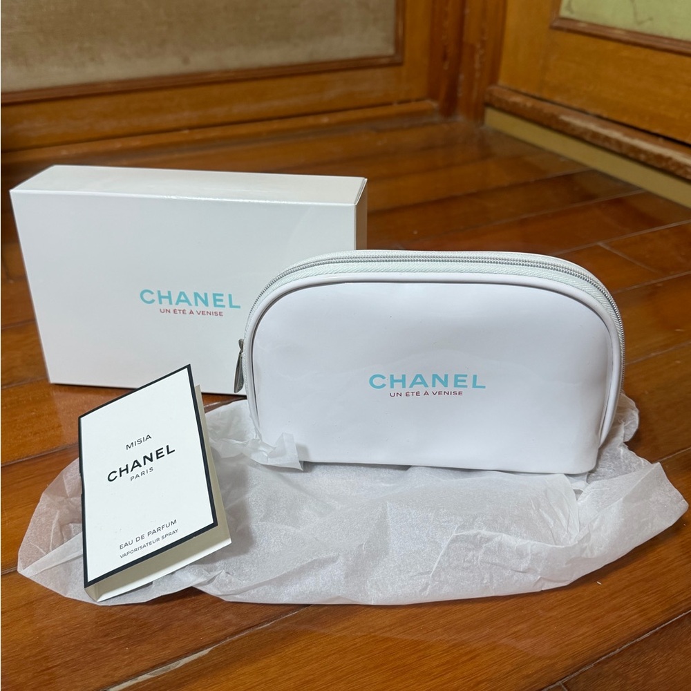 SOLD! CHANEL White Pouch with Blue Accents Cosmetic Travel Bag